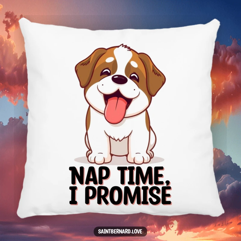 Funny Kawaii Saint Bernard pillow, a plush cushion featuring a cute dog panting with its tongue out, offering cozy humor.