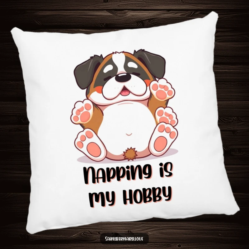 Funny Saint Bernard pillow displaying a kawaii dog joyfully rolling onto its back, paws comically in the air, offering soft comfort and humor.
