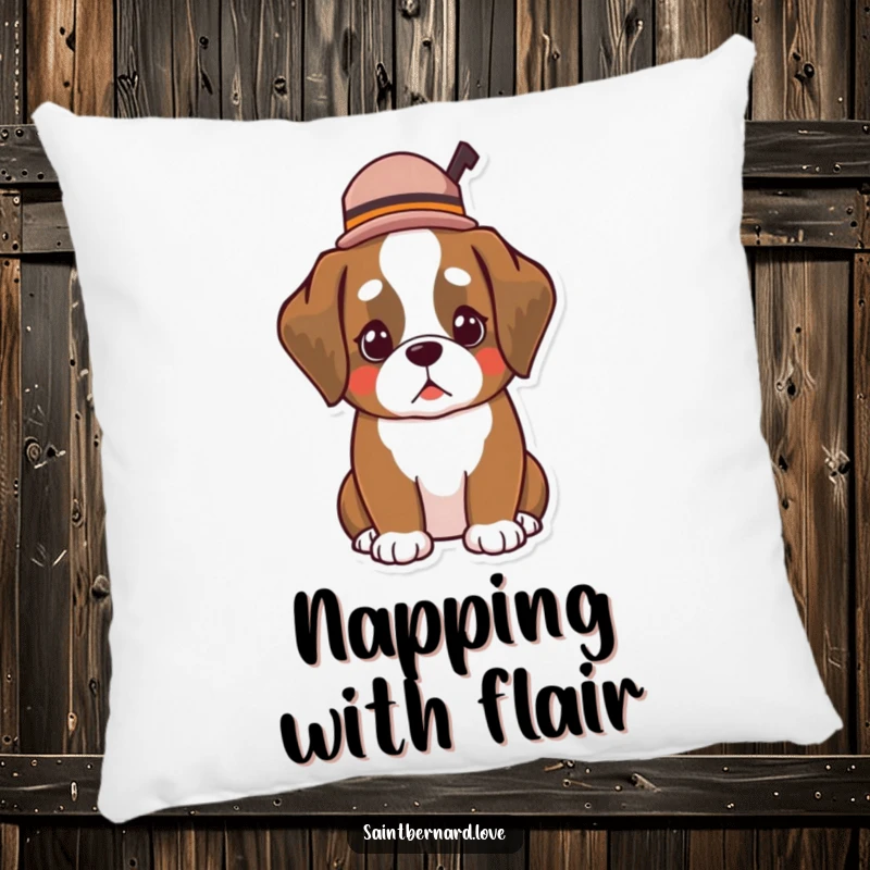 Funny Kawaii Saint Bernard pillow, soft and cute, showing a dog wearing a small, tilted hat, offering sophisticated comfort.