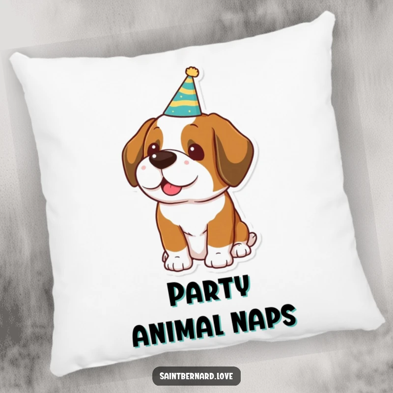 Funny Kawaii Saint Bernard Pillow: A soft cushion featuring a dog in a party hat, ready for fun.