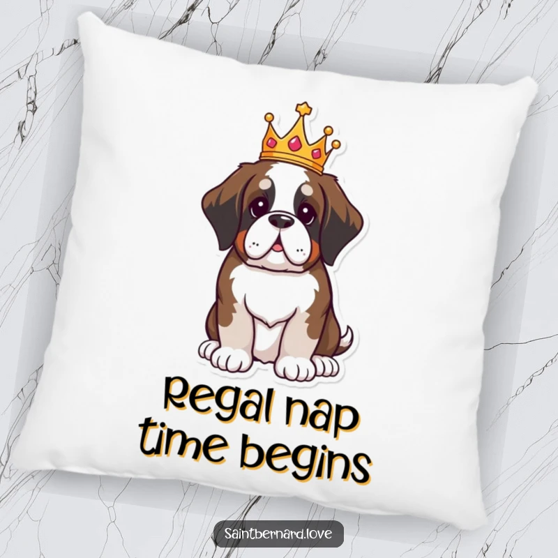 Funny Saint Bernard pillow, kawaii dog wearing a crown sitting proudly, royal and cozy home decor, humorous illustration, perfect funny gift for comfort.