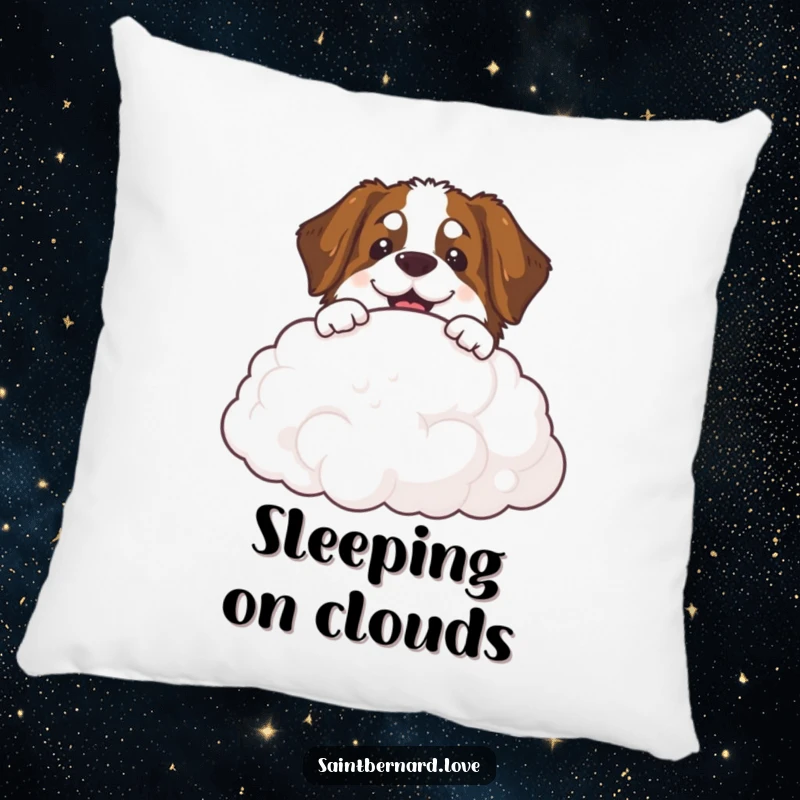 Funny Saint Bernard cloud pillow depicting a smiling dog peeking over a fluffy cloud, adding cozy decor.