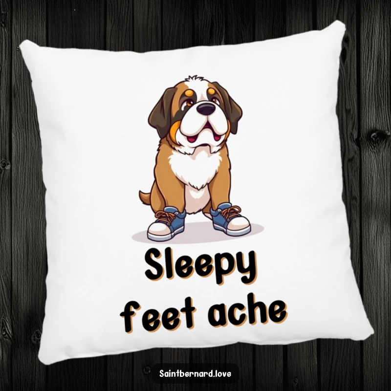 Funny Saint Bernard pillow, a soft cushion depicting a dog with a comical look trying to wear shoes that are far too small, radiating humor.