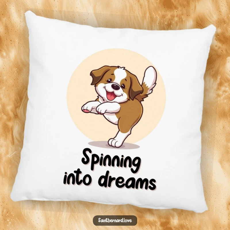Funny pillow featuring a Saint Bernard pup joyfully spinning in a circle, chasing its tail, for cozy comfort.