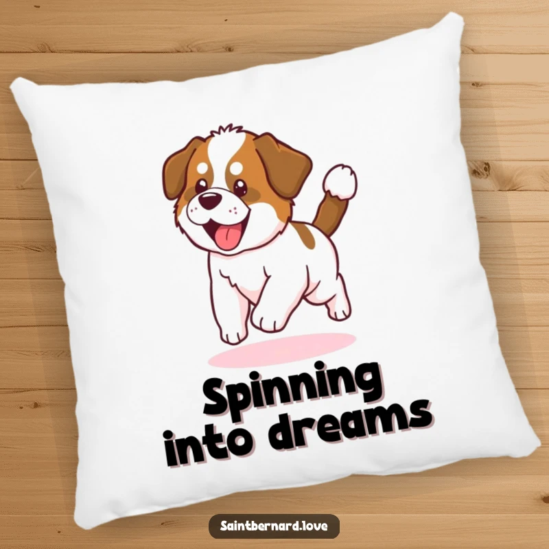 Funny Saint Bernard Puppy Pillow: Adorable puppy chasing tail in a circle, soft and cuddly decor item, bringing playful charm.