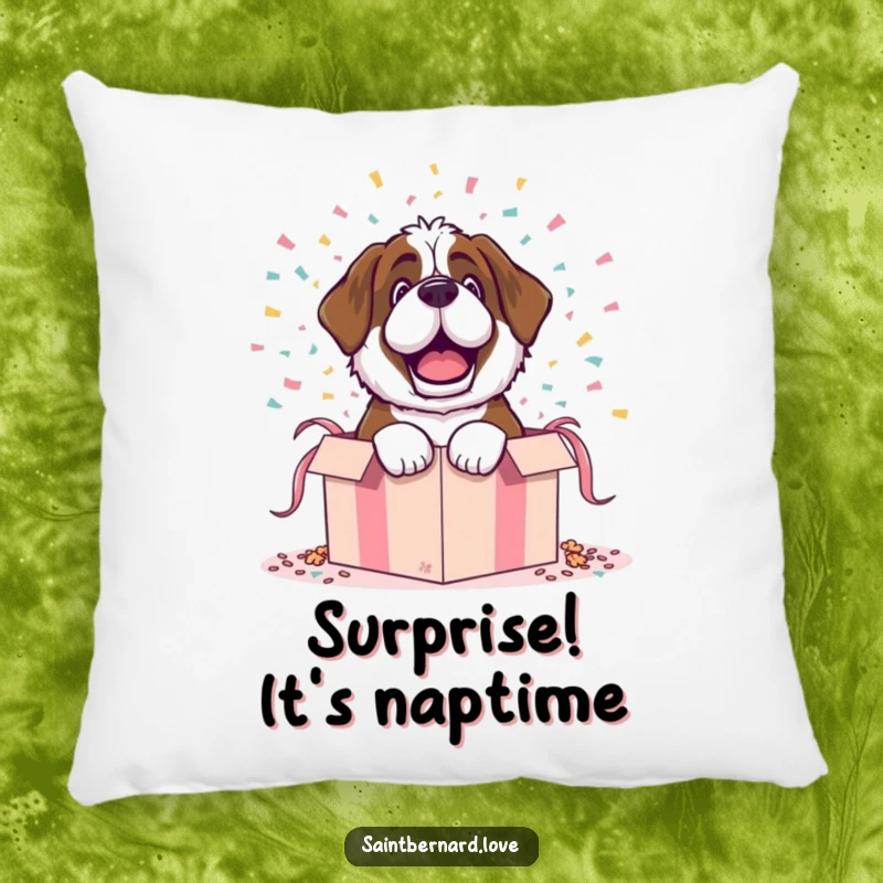 Funny pillow featuring a Saint Bernard character dramatically bursting from a gift box with confetti, perfect for soft surprises.