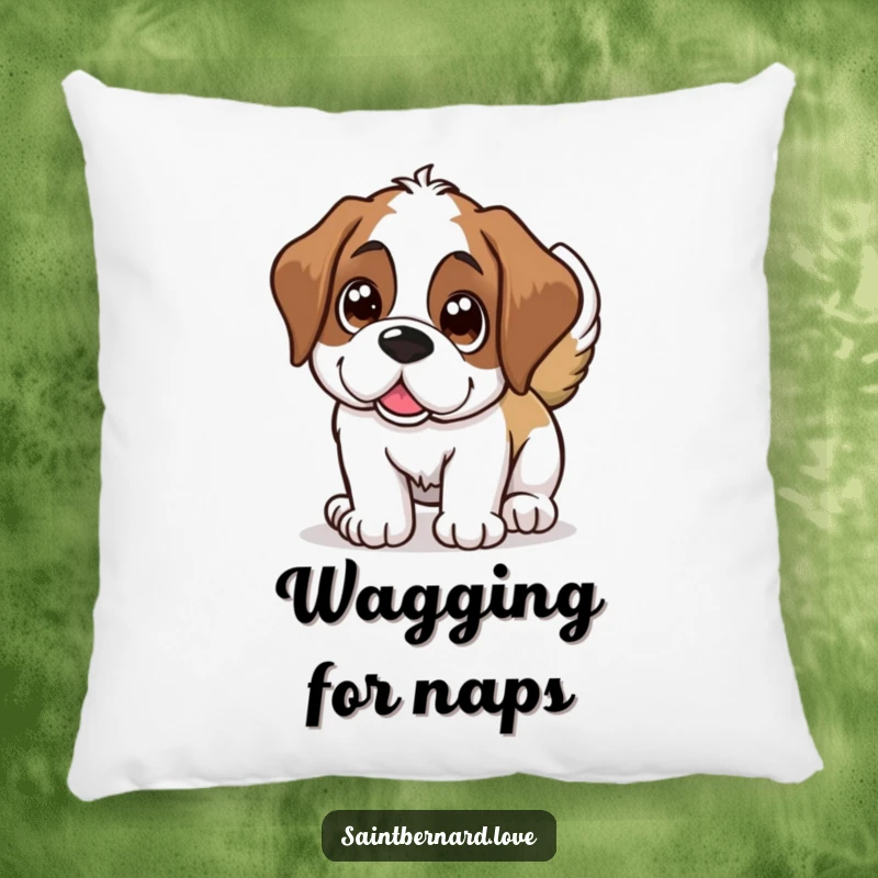 Funny Saint Bernard pillow, a happy dog with large shining eyes wagging its tail, soft and humorous home decor.