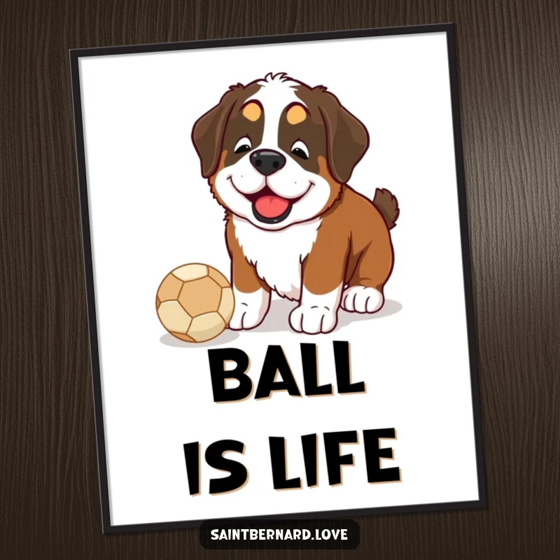 Funny Saint Bernard digital art print of a happy dog nudging a ball with its nose, instant playful wall decor.