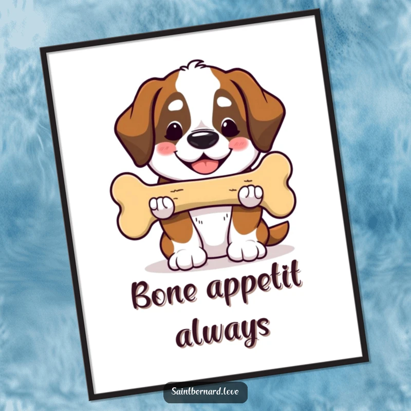 Funny Saint Bernard digital art print of a Kawaii dog smiling and offering a huge bone, perfect for heartwarming decor. A humorous digital download.