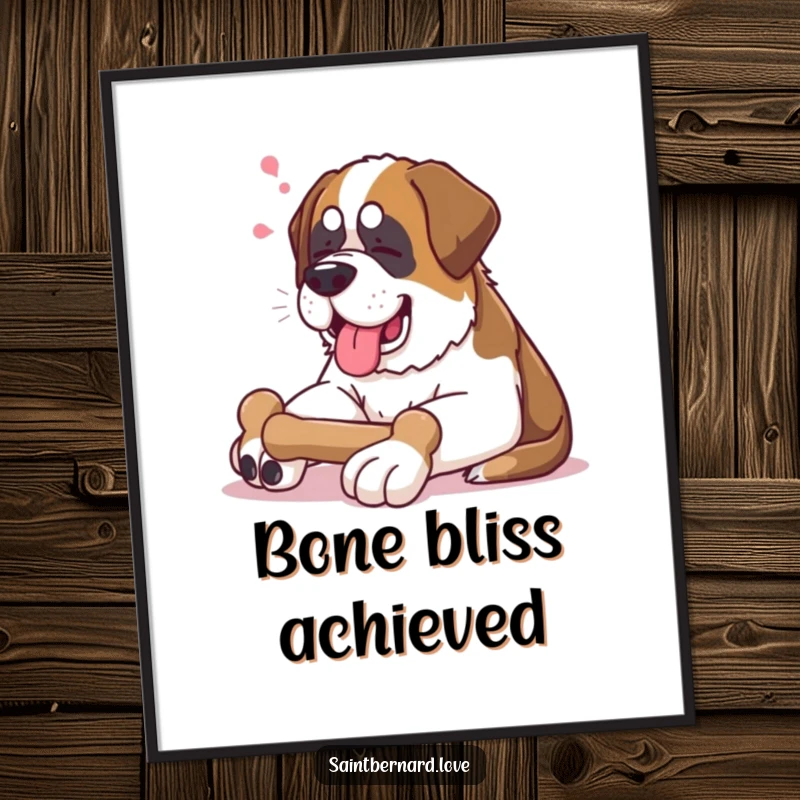 Funny Saint Bernard Digital Art Print: Printable artwork of a contented Saint Bernard lounging with a bone, humorous and charming dog art.