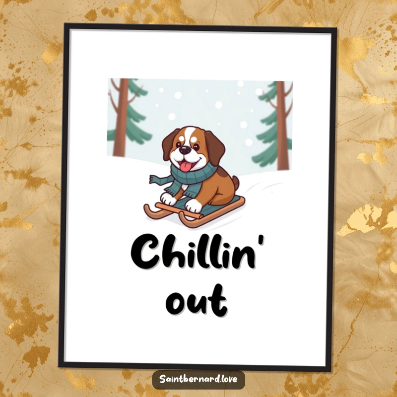 Funny Saint Bernard Digital Art Print of a dog in a scarf sledding downhill, vibrant and cheerful.