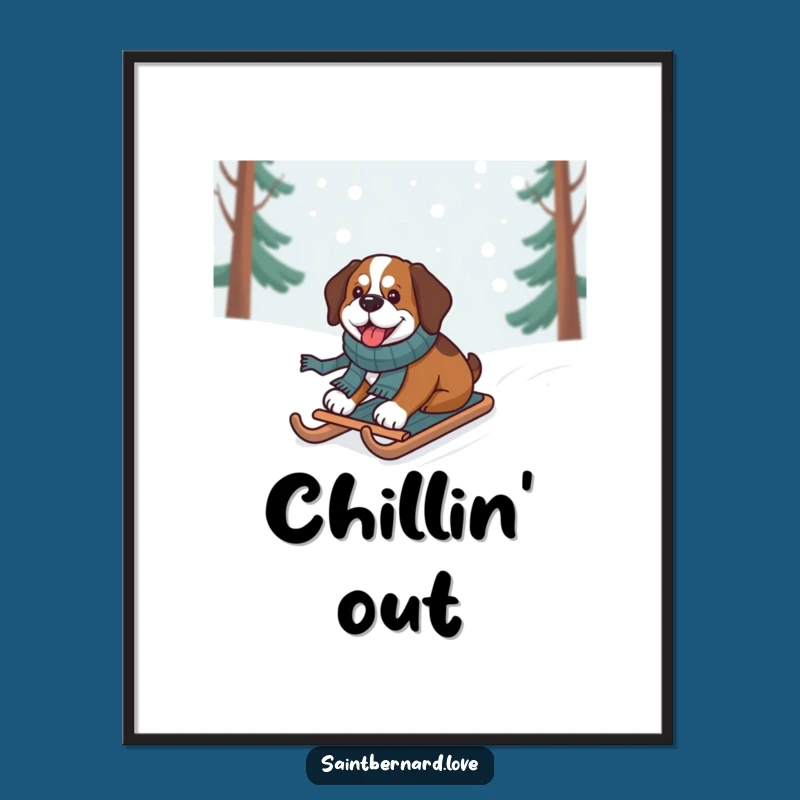 Funny Sledding Saint Bernard Digital Art - Cheerful Winter Dog Print, Instant Funny Gift