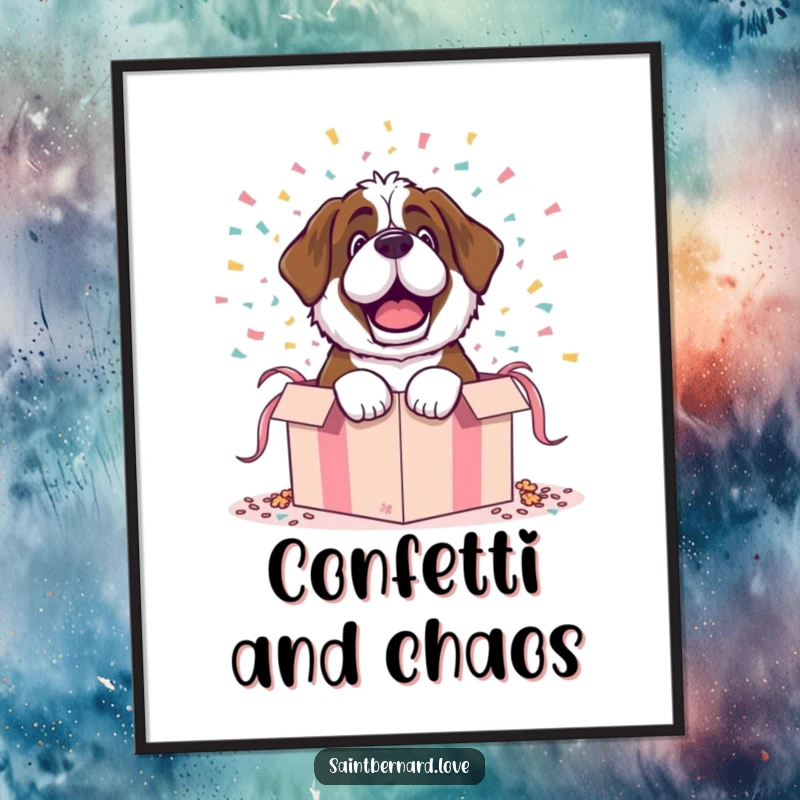 Funny digital art print of a Saint Bernard character dramatically bursting out of a gift box with confetti, perfect for festive decor.