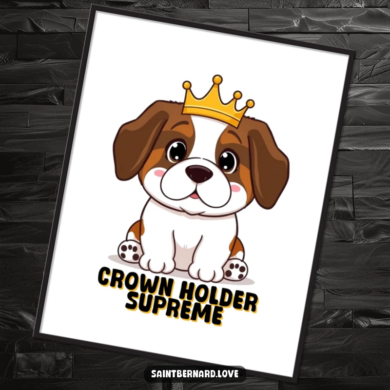 Funny Saint Bernard digital art print of a proud, crowned Kawaii dog, perfect for instant regal home decor. A humorous digital download.