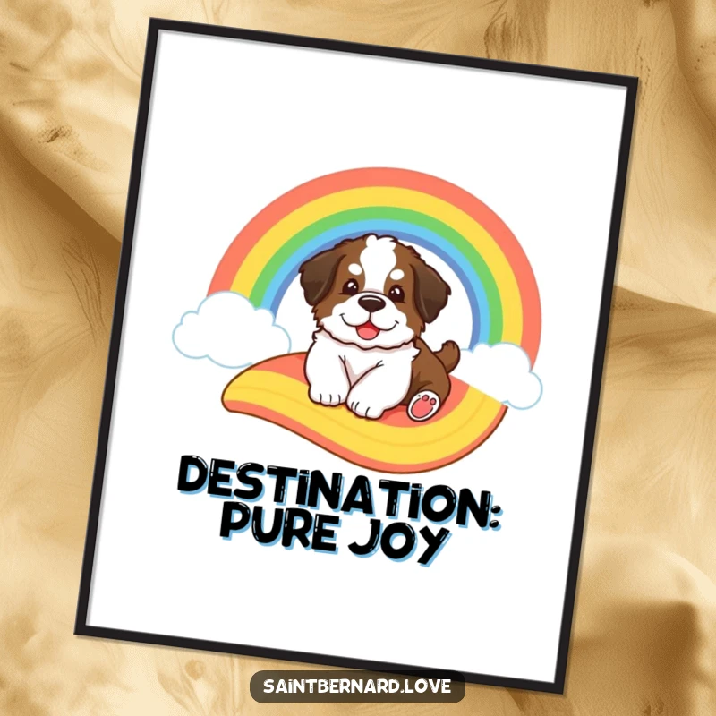 Funny Saint Bernard digital art print, showing a big fluffy puppy joyfully sliding down a vibrant cartoon rainbow, symbolizing pure happiness.