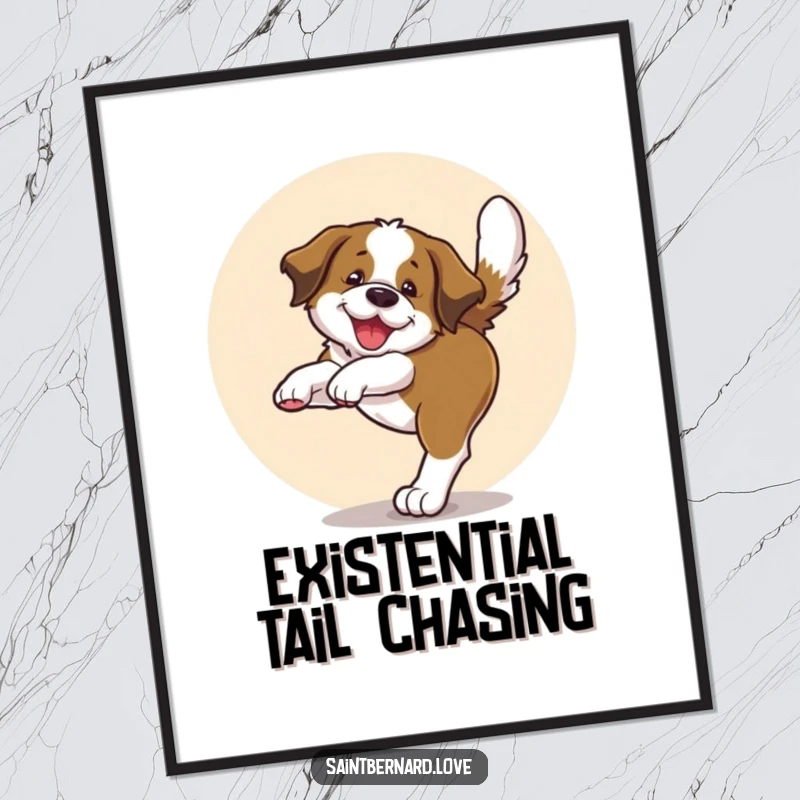 Funny digital art print of a Saint Bernard pup joyfully chasing its tail in a circle, radiating pure canine delight.