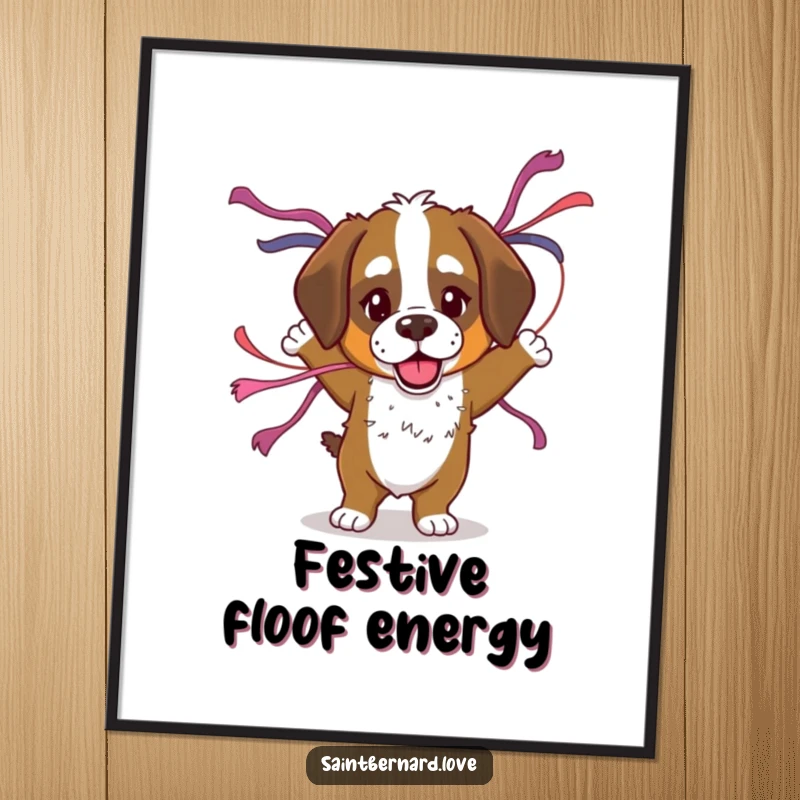 Funny Saint Bernard digital art print of a dog dancing with streamers, perfect for adding instant festive energy and humorous celebration to any digital frame.