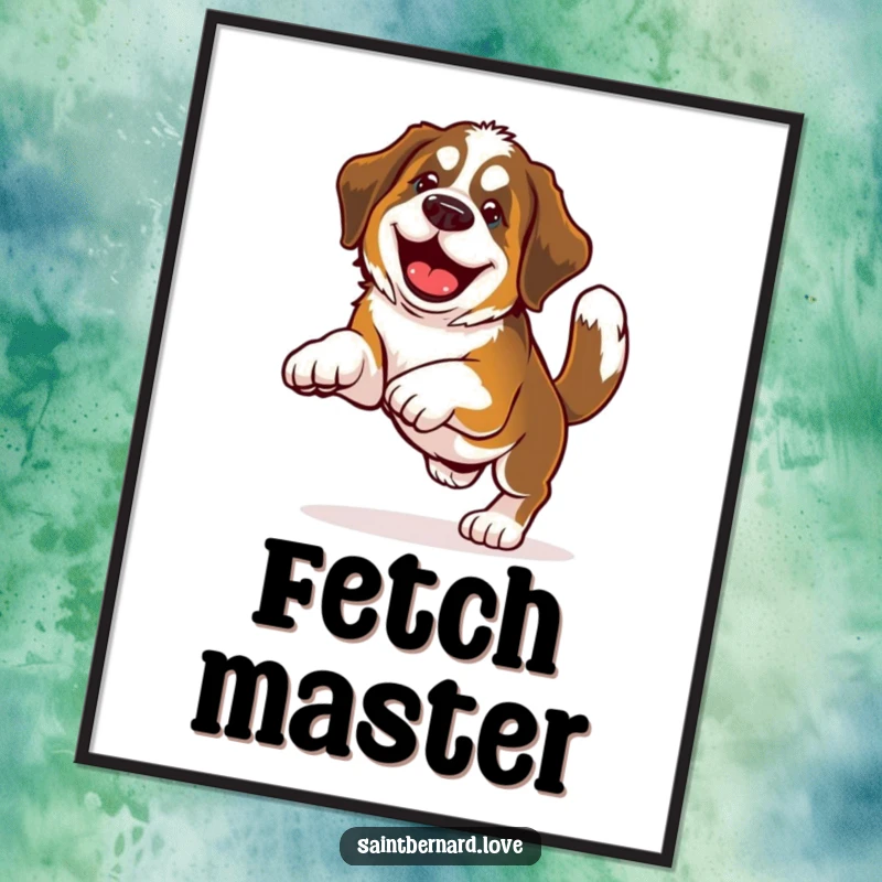 Funny Saint Bernard digital art print of a dog with a wagging tail enthusiastically playing fetch, radiating happiness and playful energy.