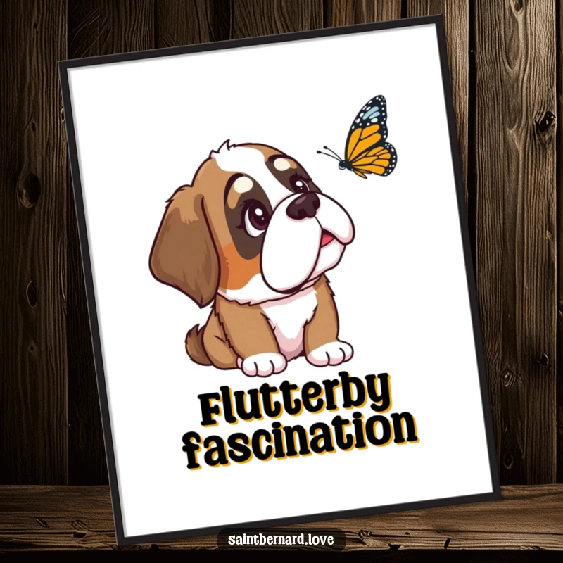 Funny Saint Bernard digital art print of a loyal dog with one ear down, intently watching a butterfly with a curious gaze, conveying peaceful charm.