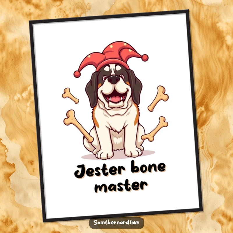 Funny Saint Bernard digital art print of a giant dog in a jester hat, happily juggling large bones, conveying a sense of playful mirth.