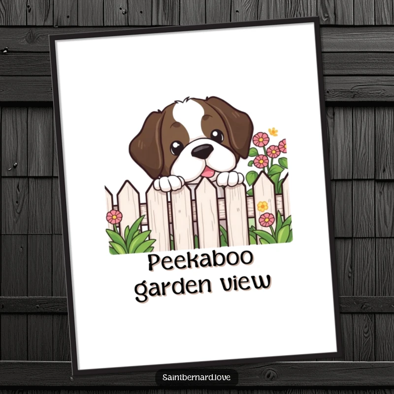Funny Kawaii Saint Bernard Digital Art Print showing a cute dog peeking over a garden fence, with a curious and endearing expression.