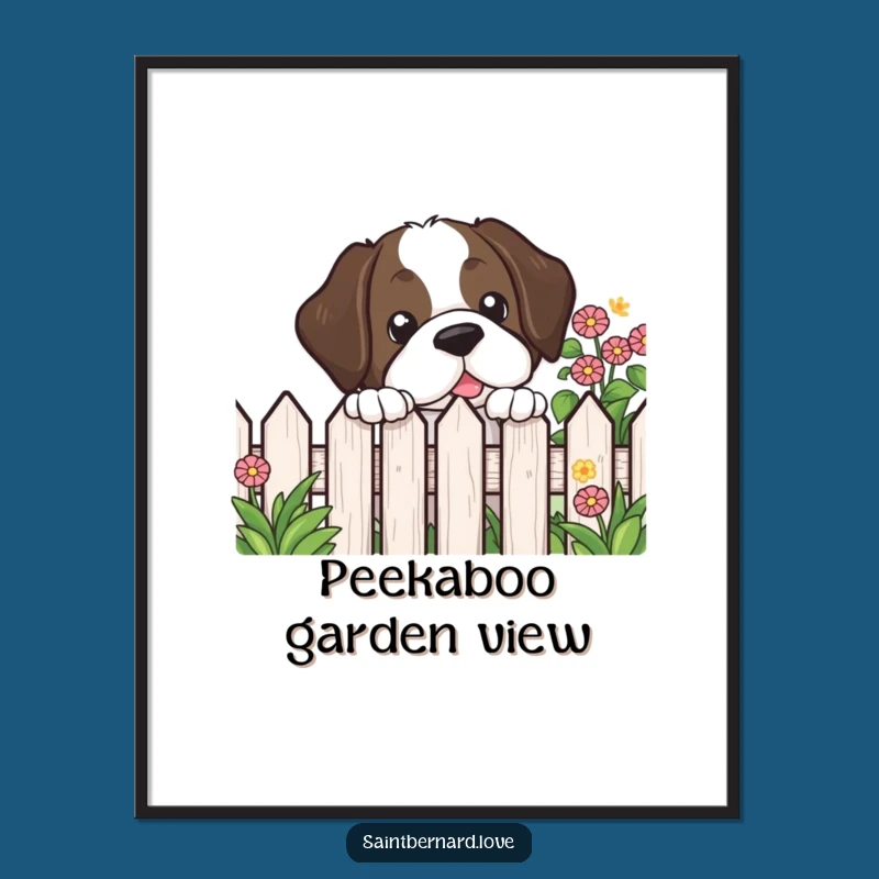 Funny Kawaii Saint Bernard Digital Art - Garden Fence Peek Print