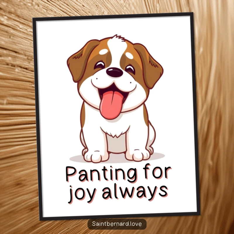 Funny Kawaii Saint Bernard digital art print, a cute dog panting with its tongue out, downloadable for instant humorous wall decor.