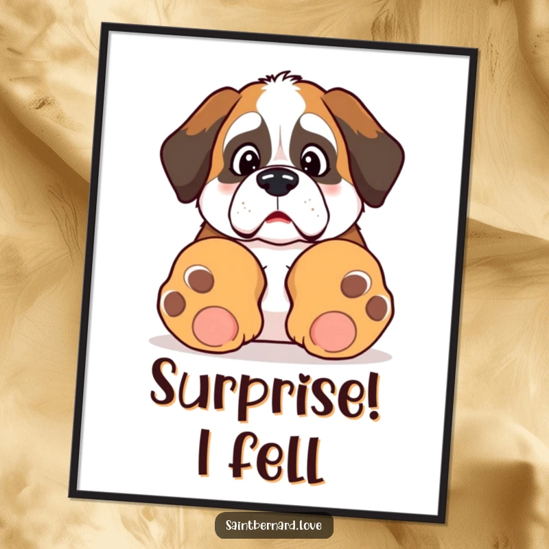 Funny Kawaii Saint Bernard digital art print, showing a surprised dog tripping over its giant paws, ready for instant download.