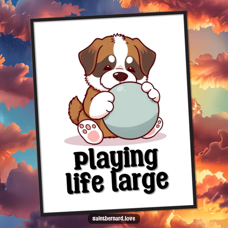 Funny Saint Bernard digital art print, kawaii dog with big paws playing large ball, playful humorous illustration, instant download, perfect funny gift for art collectors.