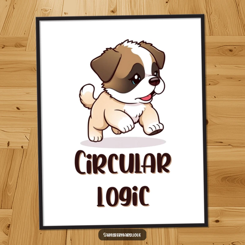 Funny Kawaii Saint Bernard Puppy Digital Art Print: Puppy chases tail with glee, art funny gift.
