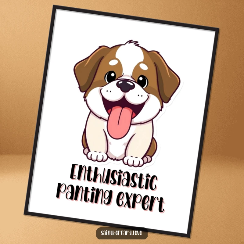 Funny Saint Bernard digital art print, kawaii dog panting with tongue out, humorous illustration, instant download, perfect funny gift for art collectors.