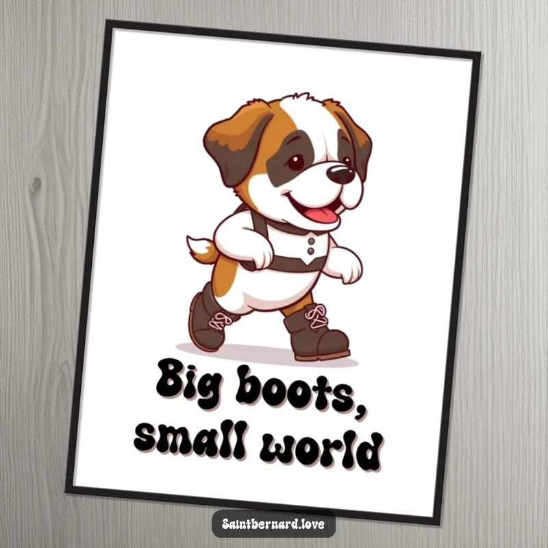Funny Saint Bernard dog digital art print, oversized boots, marching with playful exuberance, a high-resolution, humorous artwork for immediate download and display.