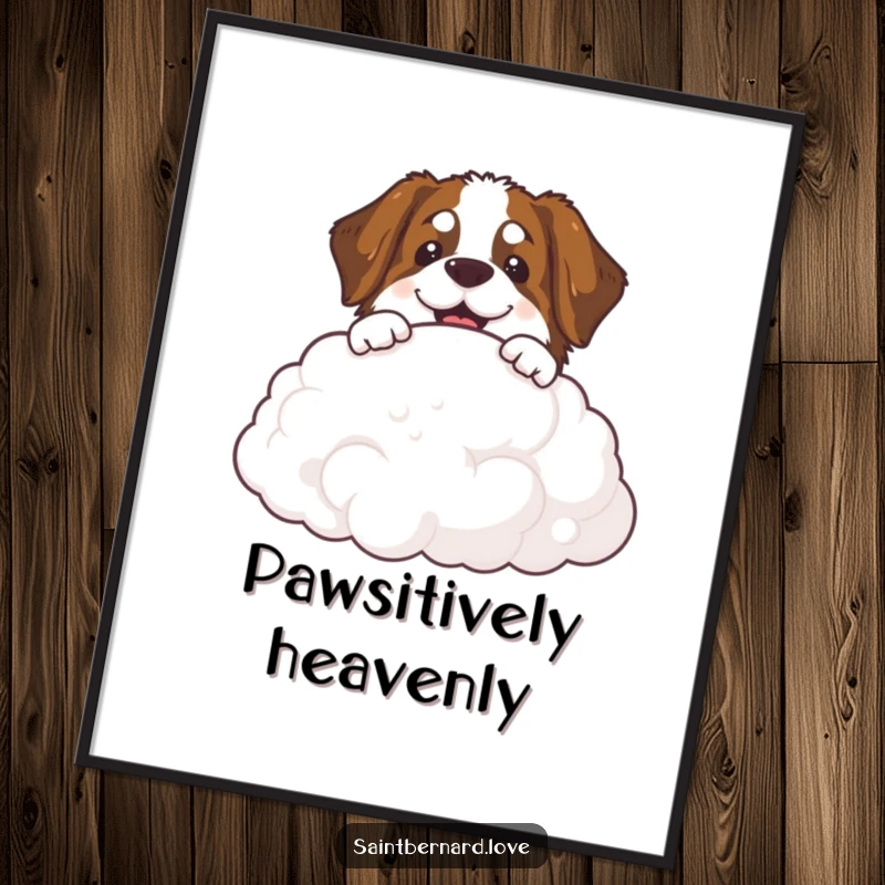 Funny Saint Bernard cloud digital art print showing a smiling dog peeking over a fluffy cloud, ready to inspire smiles.