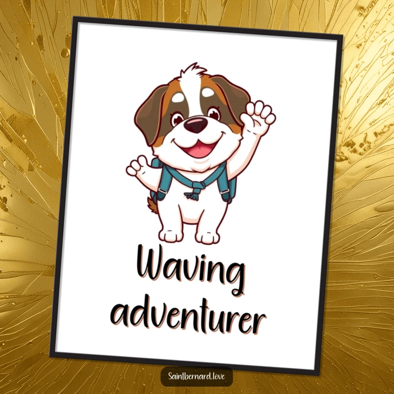 Funny Saint Bernard digital art print of a goofy character with a backpack, smiling widely and waving, conveying warmth and cheerfulness instantly.