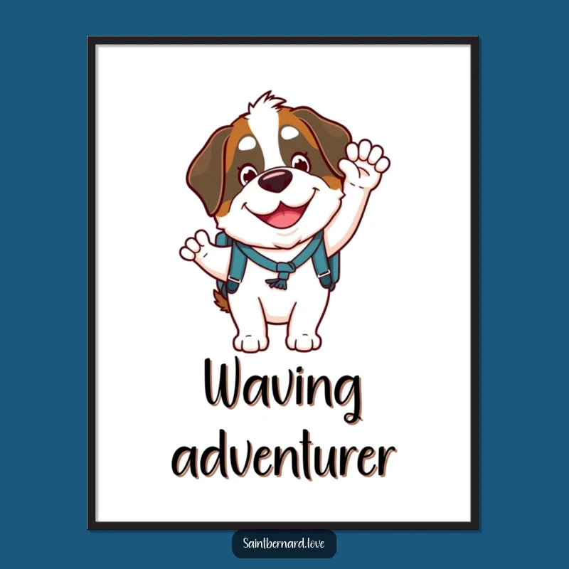 Funny Saint Bernard Digital Art: Goofy Waving Character with Backpack, Instant Cheer