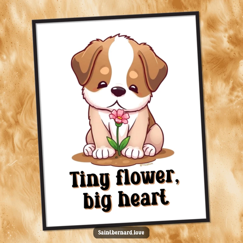 Funny digital art print of a soft Saint Bernard with a gentle expression, planting a tiny flower, for serene wall decor.
