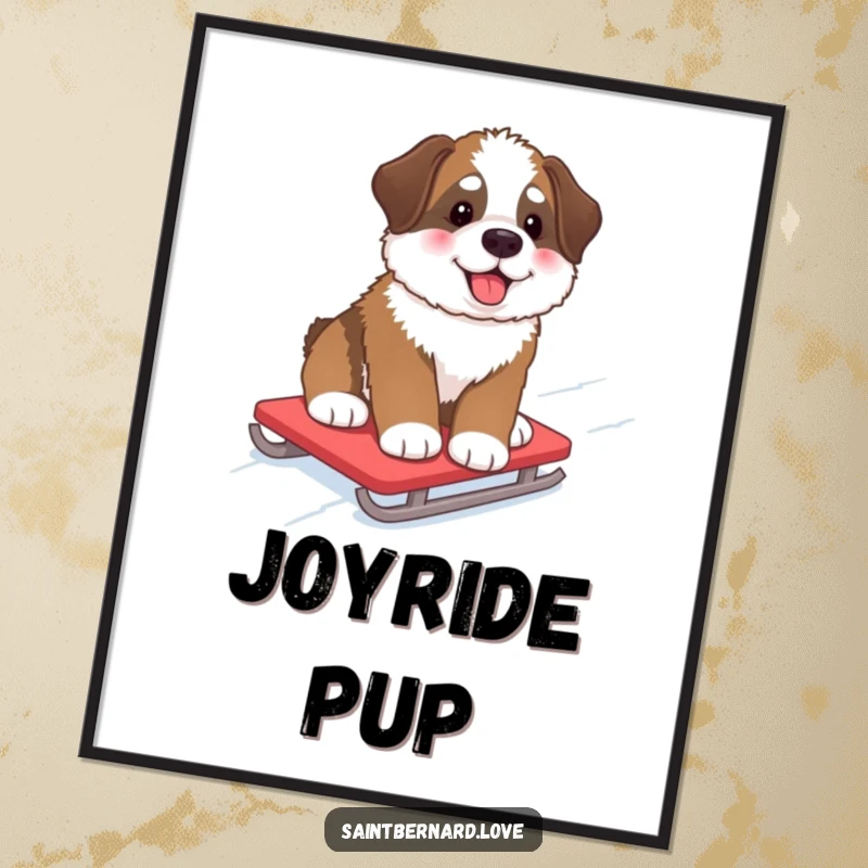 Funny Digital Art Print of a fluffy Saint Bernard pup with rosy cheeks, gleefully sledding down a snowy hill, perfect for winter decor.