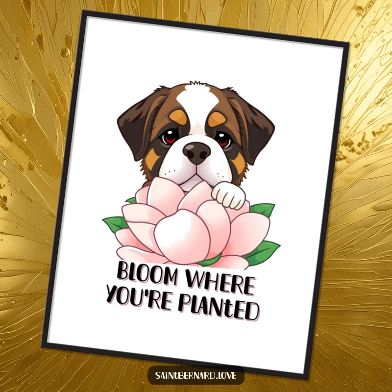 Funny Saint Bernard digital art print showing a large dog peeking humorously over a vibrant flower, perfect for printable wall decor.
