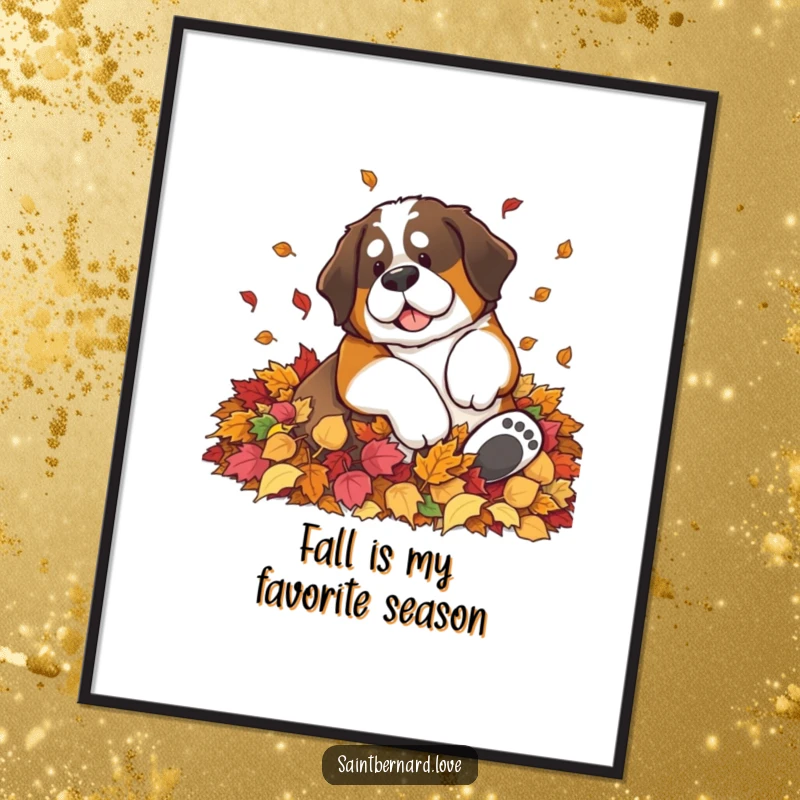 Funny Saint Bernard digital art print of a large dog joyfully rolling in a massive pile of vibrant autumn leaves, perfect for fall decor.