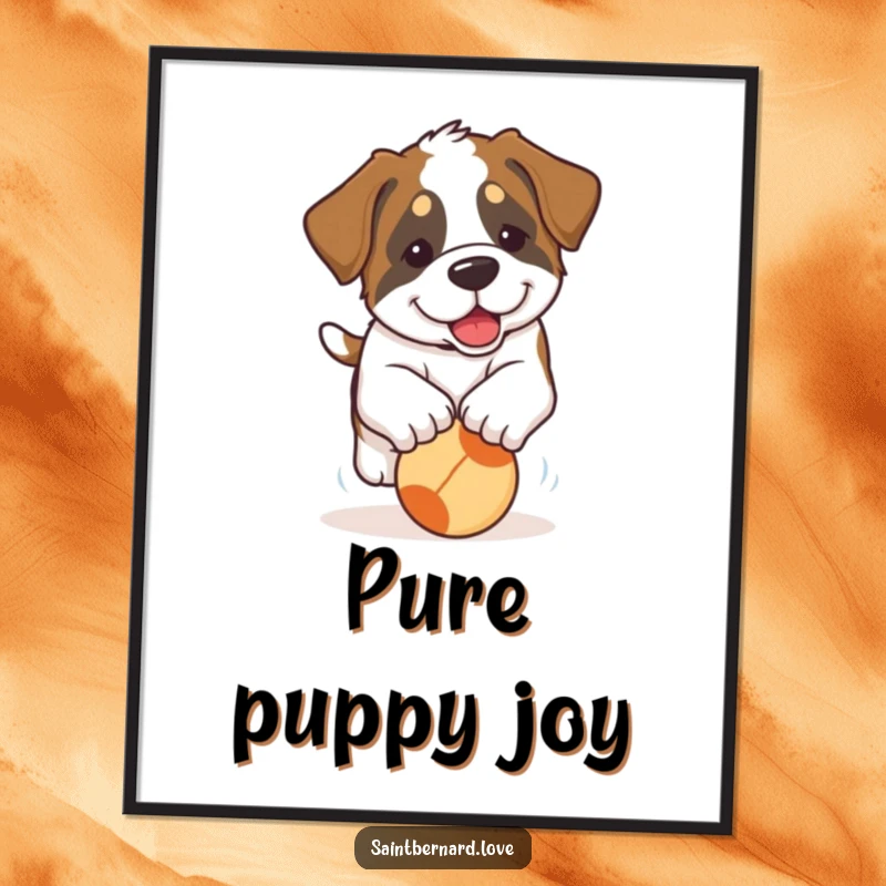 Funny Saint Bernard Puppy Digital Art Print: A downloadable image of a Saint Bernard puppy with large, floppy ears joyfully chasing a ball.