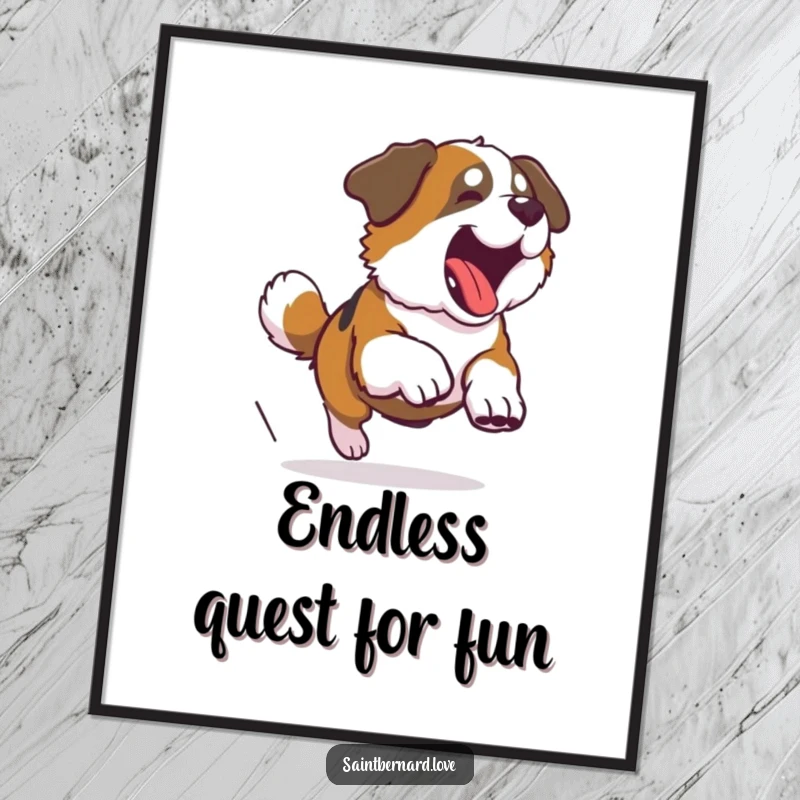 Funny Saint Bernard digital art print of a large dog comically chasing its tail in a dizzying circle, full of playful energy.