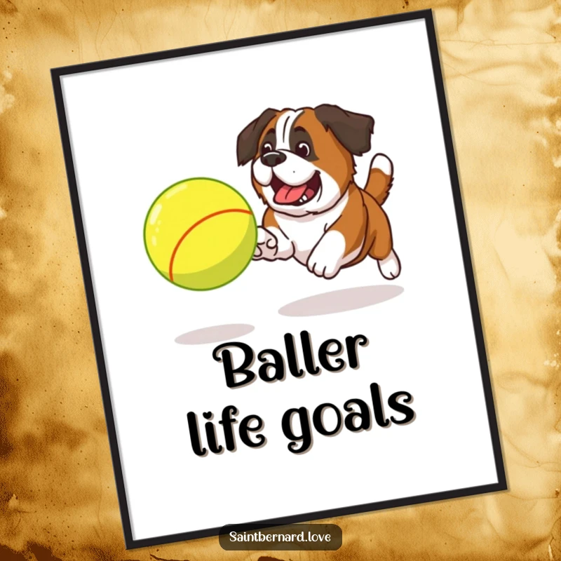 Funny Saint Bernard tennis ball digital art print of a dog excitedly chasing a large, bouncing ball, ready to inspire play.