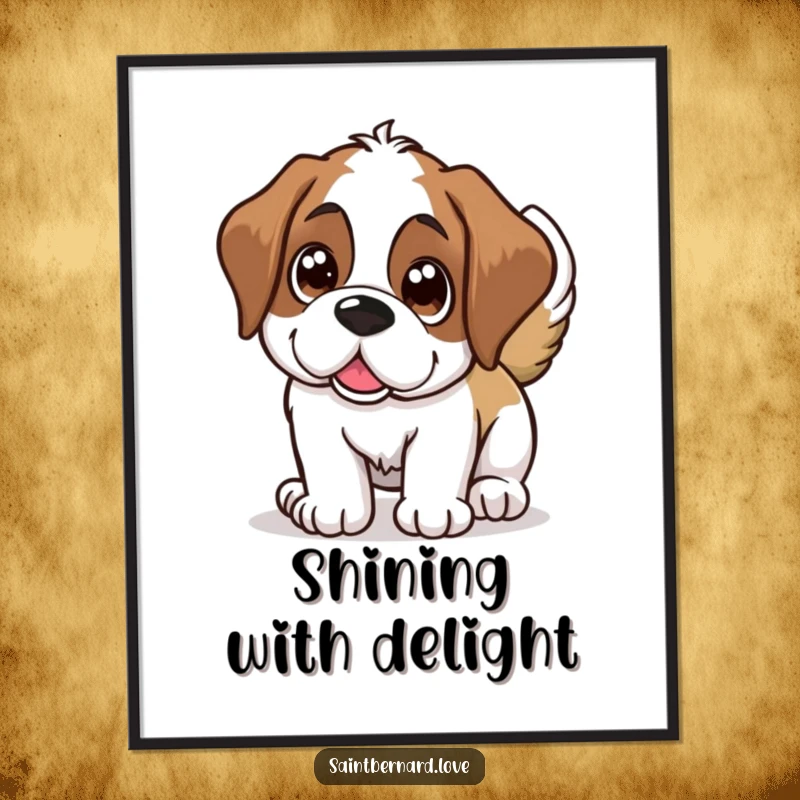 Funny Saint Bernard digital art, a happy dog with huge shining eyes wagging its tail, instant download with joyful humor.