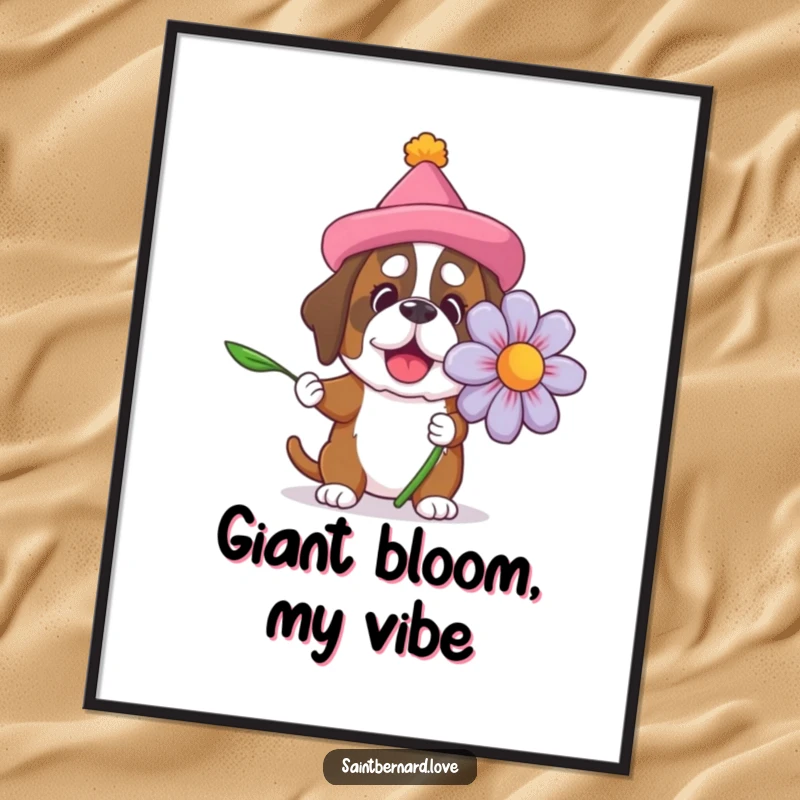 Funny Saint Bernard digital art print of a dog in a silly hat offering a giant flower, bringing instant humor and big dog charm to any digital frame.