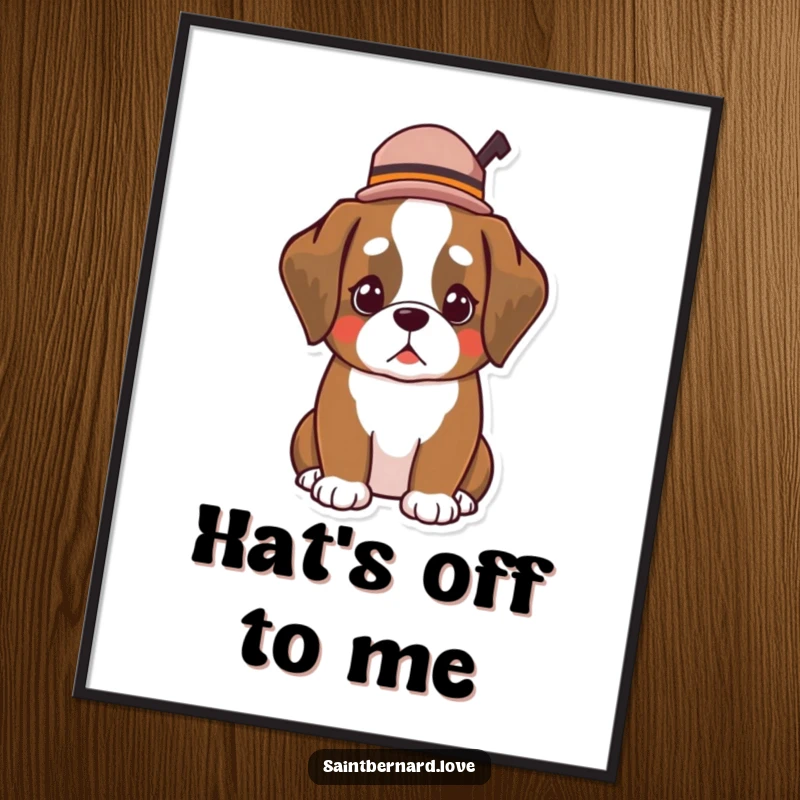 Funny Kawaii Saint Bernard digital art print, showing a dog wearing a small, tilted hat, ready for instant download and display.