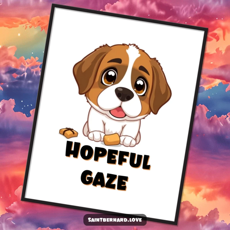 Funny Saint Bernard Treat Digital Art Print: A downloadable image of a Saint Bernard with wide, hopeful eyes fixated on a dropped treat.