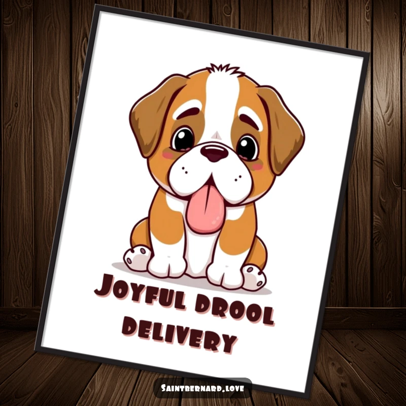 Funny Kawaii Saint Bernard digital art print, a happy panting dog offering a slobbery toy, ready for instant download and display.