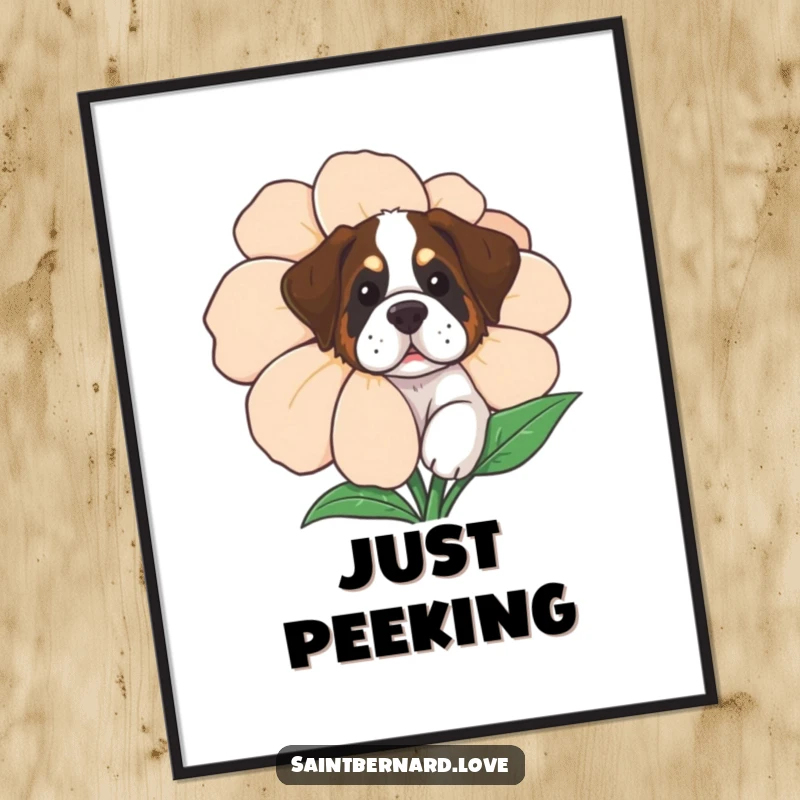 Funny Saint Bernard Digital Art Print of a curious dog peeking from behind a large flower, charming and playful.