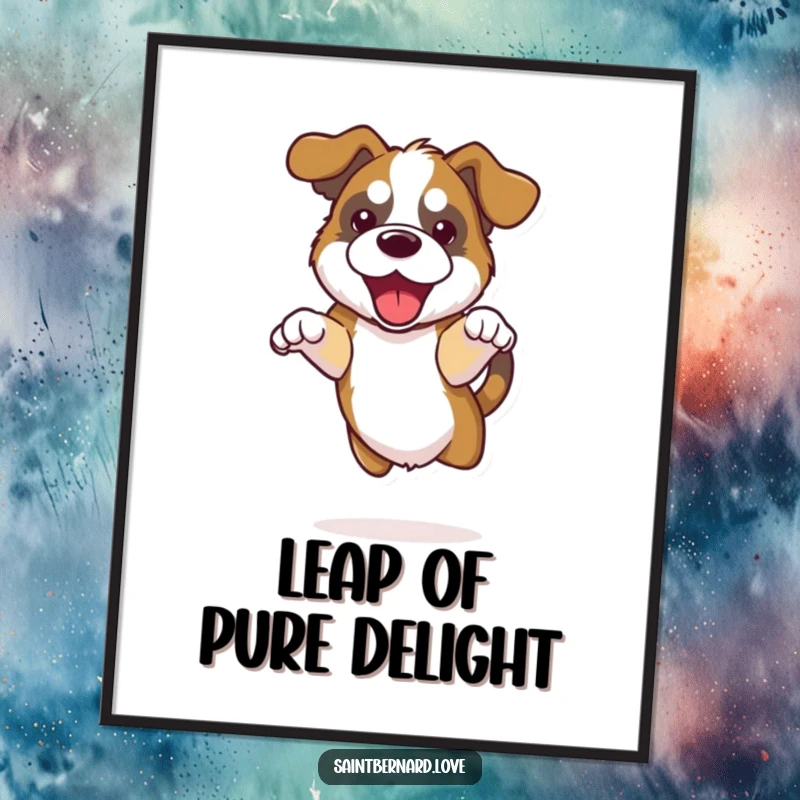 Funny Kawaii Saint Bernard Digital Art Print showing a cute dog with floppy ears doing a happy jump, full of energy and delight.