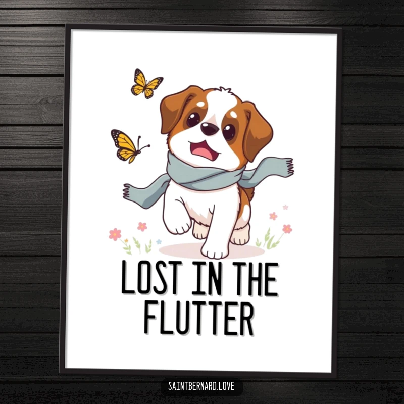 Funny Saint Bernard digital art, a dog in a scarf chasing a butterfly, instant download with whimsical charm.